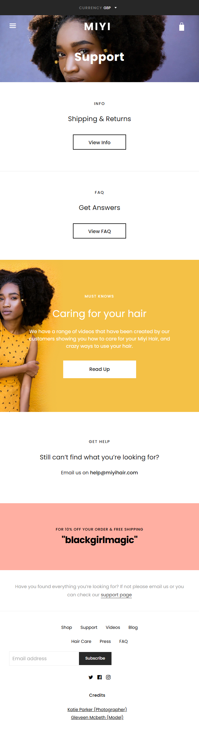 The MIYI Hair support page on mobile, with shipping, FAQ and hair-care sections